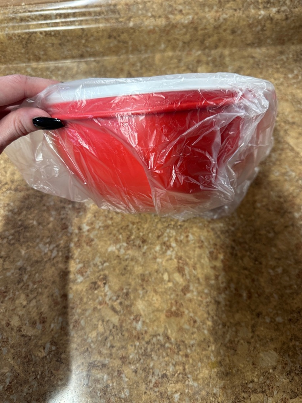 Red Plastic Party Bowl with White Lid -
Serving Bowl. Tupperware jr bowl